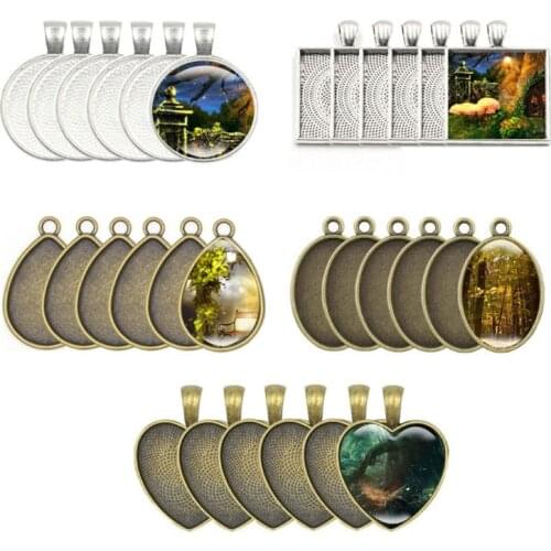 60Pcs Photo Bezel Pendant Trays Blanks Cameo Teardrop Round Square Heart Oval Glass Cabochon Settings Jewelry Making