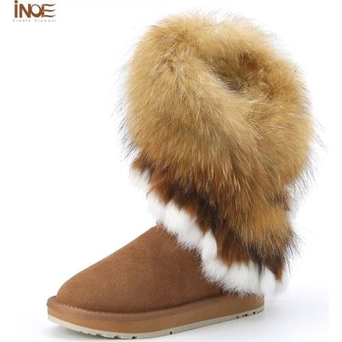 INOE cow suede leather fox fur winter snow boots for women winter shoes rabbit fur tassels shoes flats black brown grey 35-44