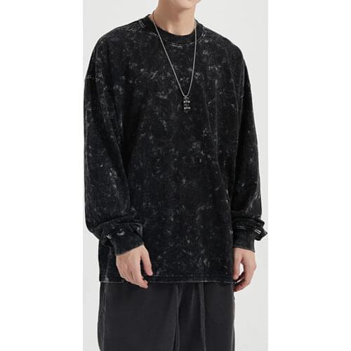 Distressing Black Heavy Cotton Long Sleeve T-Shirt Relaxed Fit Tee Kanye Hip Hop Autumn Streetwear