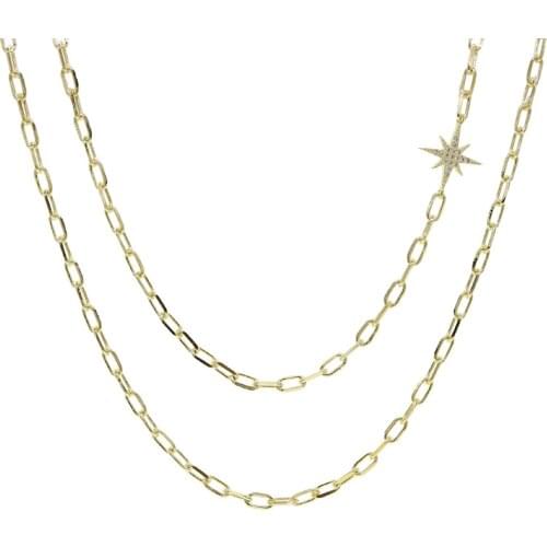 Two layer double layer starburst charm choker paper clip open link chain necklace