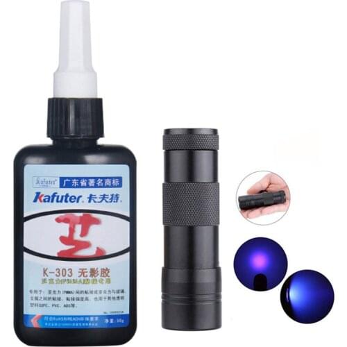 50ml Kafuter K-303 UV Strong Glue UV Curing Adhesive+LED UV Flashlight UV Curing Adhesive Crystal Glass Metal Bonding Adhesive
