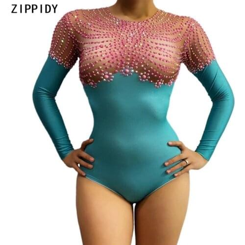 Pink Rhinestone Long Sleeve Bodysuit Pole Dance Team Show Wear Women Dancer Green Stage Wear Prom Birthday Outfit