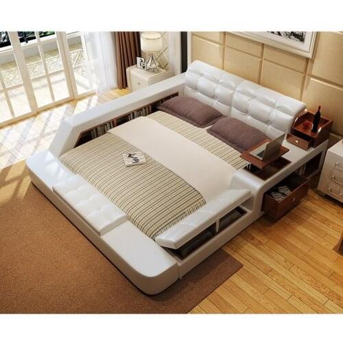 Real Genuine leather bed Soft Beds Bedroom camas lit muebles de dormitorio yatak mobilya quarto desk table drawers storage