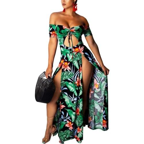 Summer Womens Off Shoulder Split Hem Chiffon Long Dress Floral Prints Maxi Dress Boho Beach Dress