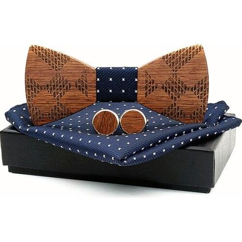 Linbaiway Handmade Wooden Bow Ties for Mens Wood Bowties Handkerchief Cufflinks Set Women Butterfly Cravat Gravata Wood Tie Set
