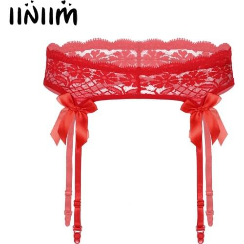 Gay Mens Sheer Lace Suspenders Lingerie Sleepwear Bowknot Elastic Waistband Garter Belt for Stockings Sissy Exotic Accessories