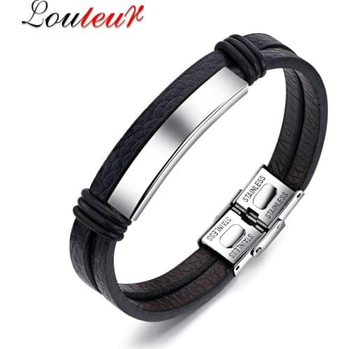 Louleur New Mens Stainless Steel Bracelet Bangles Vintage Punk Rock Double Leather Bracelet Men Wristbands Jewelry Pulsera