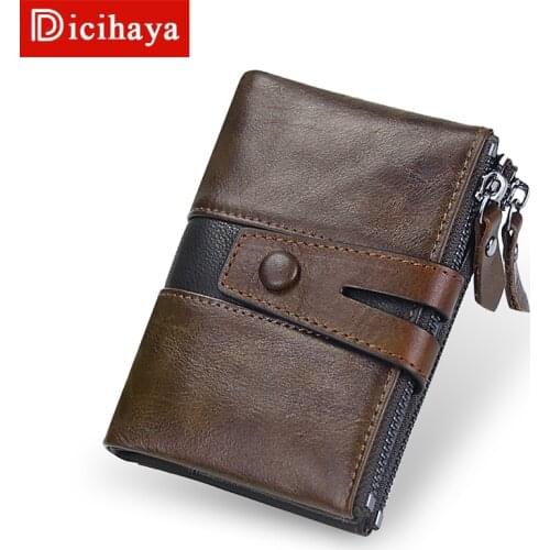 DICIHAYA NEW Splice 100% Genuine Leather Men Wallet Coin Purse Small Mini Card Holder Double Zipper Portomonee Male Walet Pocket