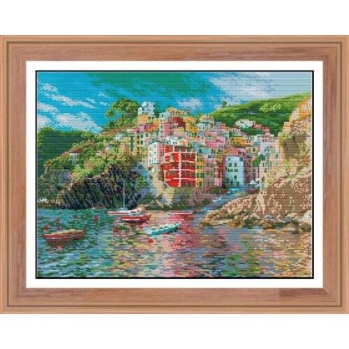 JoySunday Patterned Cross Stitch Kit 14ct11ct Seaside Town Landscape Painting DIY Cross Stitch Needle Set Modern Home Decoration