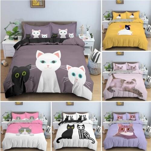 Cute Cat Pattern Duvet Cover Set 3D Cartoon Animal Bedding Set King Queen Twin Size Quilt Cover For Childrens Bedroom 2/3Pcs