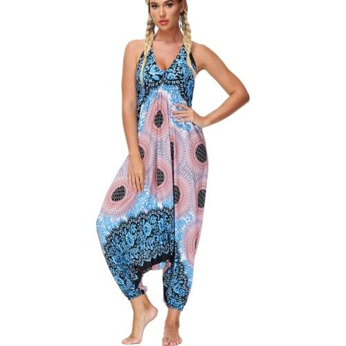 2021 New Womens Sexy V Neck Spaghetti Strap Loose Boho Harem One Piece Jumpsuit Romper Print Beach Jumpsuits