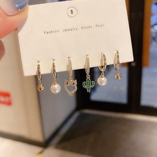 Colorful Zircon Owl Cactus Pearl 6-piece Hoop Earrings Set for Women Best Christmas Gifts Jewelry Gifts Wholesale S-E1280