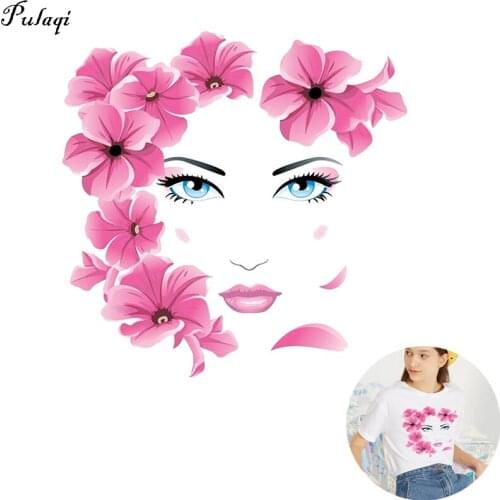 Pulaqi Vynil Flower Girl Face Patch Iron-On Transfers For Clothing Stickers Ironing Heat Transfer on T-shirt Thermal Patches DIY