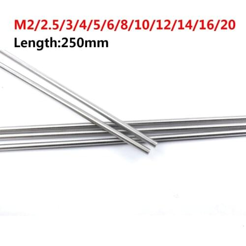 M3 M4 M5 M6 M8 M10 M12 M14 M16 M20 Threaded Rod Full-Thread Bar DIN975 304 Stainless Steel Fasteners Silver Length 250mm