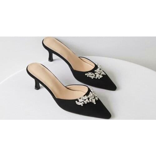 Crystal Flock slippers women pointed toe thin high heels flipflops sexy ladies night club shoes glitter rhinestone slides woman