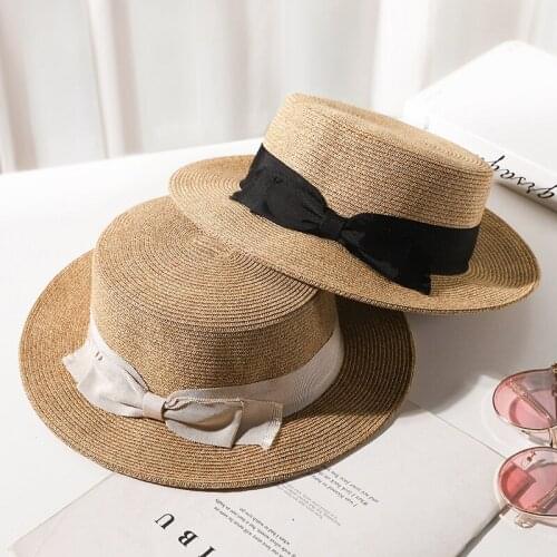 Fashion Elegant Sun Hats Womens Hat Summer Sun Protection Cap Female Wide Brim Bowknot Flat Top Vacation Beach Hat Straw Hat