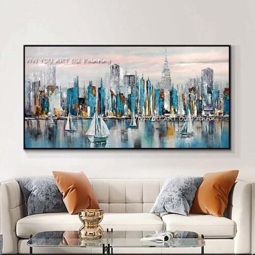Modern City Building Handmade Scenery Pictures for Home Abstract Oil Painting on Canvas Wall Art for Living Room Decoration