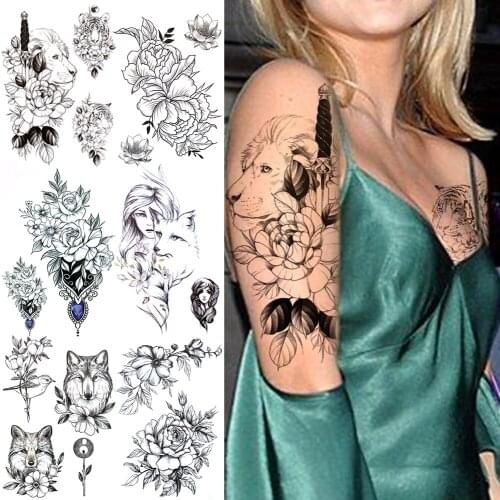 Unique Black Lion Sword Temporary Tattoos For Women Adults Realistic Tiger Tatoos Jewelry Pendant Wolf Fox Fake Tattoo Sticker