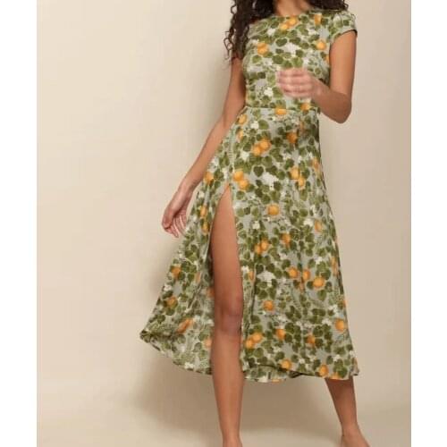 XNWMNZ 2021 Vintage Fruit Citroen Print Groene Split Opent Jurk Frankrijk Chiffon O Hals Vestido Mode Zomer Vrouwen Midi Jurk