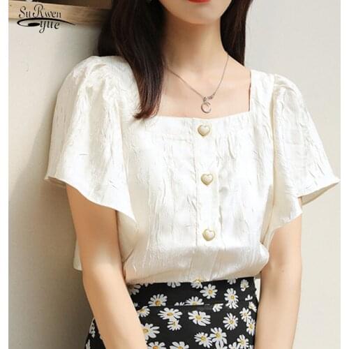 Summer New Solid Square Collar Blouse with Buttons Korean All-match Top Female Clavicle Short Sleeve Womens Shirts Women 10082