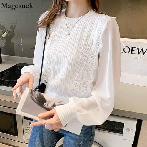 Elegant Fashion Hollow Ruffle Blouse with Lace 2021 Autumn Women Tops Korean Shirt Puff Long Sleeve Round Collar Clothes 16552