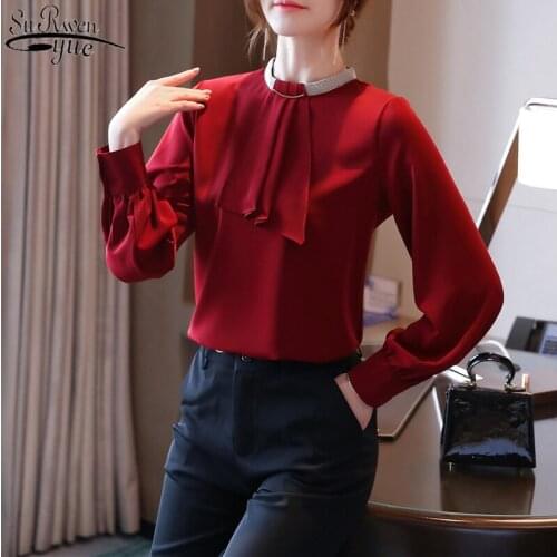 Solid Woman Shirts Blusas Fashion Chiffon Blouse 2021 Autumn Long Sleeve Chic Spliced Women Blouses with Office Lady Style 10667