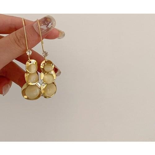Origin Summer Korean Fashion Gold Metallic Round Opals Dangle Earring for Women Trendy Tassel Rhinestones Hook Earring Jewelry
