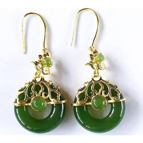 Fu Lu Auspicious Retro Chinese Style Natural Jasper Earrings Female Hetian Jade Peace Buckle S925 Sterling Silver Gold-Plated Ea