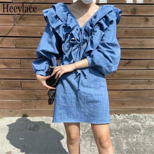 2021 New Denim Womens Sexy Mini Dress Ruffles V-Neck Long Sleeve Cowboy Casual Loose Jeans Female A-Line Dresses