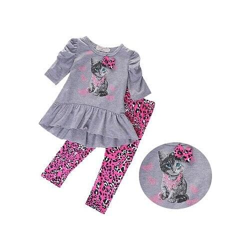 Toddler Kids Baby Girls Autumn Outfits Clothes long sleeve o-neck cut cat Tops + Leopard Pants 2pcs Set