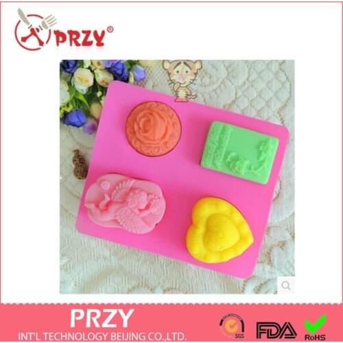 4 Hole baby angel/flower/heart soap mold Silicone Cake pan Chocolate Soap Pudding Jelly Candy Ice Cookie Biscuit Mold