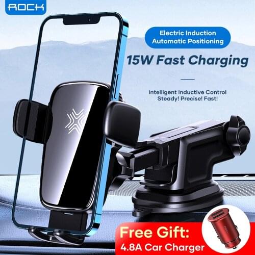 ROCK Fast Wireless Car Charger 15W Electric Intelligent Car Stand For iPhone 12 Car Mount 360 Degree Adjustable Car Holder