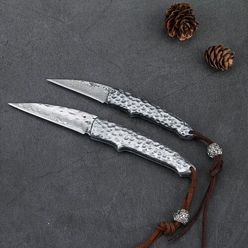 Damascus folding blade pocket survival outdoor camping rescue small steel handle key chain EDC fruit knife