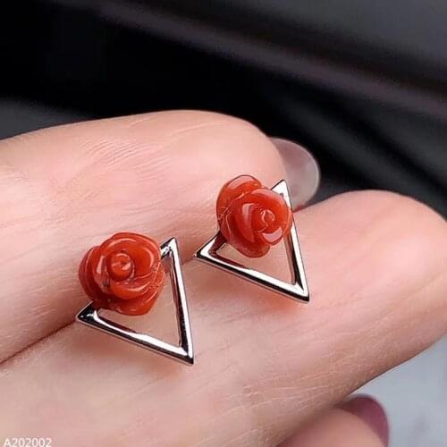 KJJEAXCMY Fine Jewelry 925 sterling silver inlaid natural red coral girl earrings flowers support detection