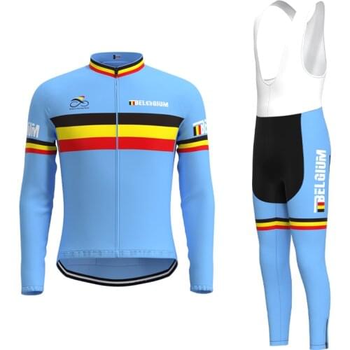2013 Racing Belgium Team Retro Man Blue Cycling Jersey Long Sleeve Set Triathlon Mtb Biker Jersey Set maillot ciclismo hombre