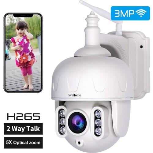 Srihome SH028 2.5Inch 5X Zoom 3MP 1296P Wireless Intercom PTZ IP Speed Dome Camera Motion Detection Home Security Baby Monitor