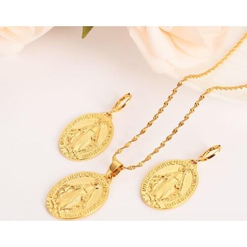 Mother Virgin Mary Necklace Earrings Set Fine Solid Gold Finish Catholic Religious crystalJewelry Set Christmas Gift Women
