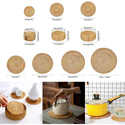 Round Placemats Serving Table Mats Hand Woven Round Rattan Coasters Kit