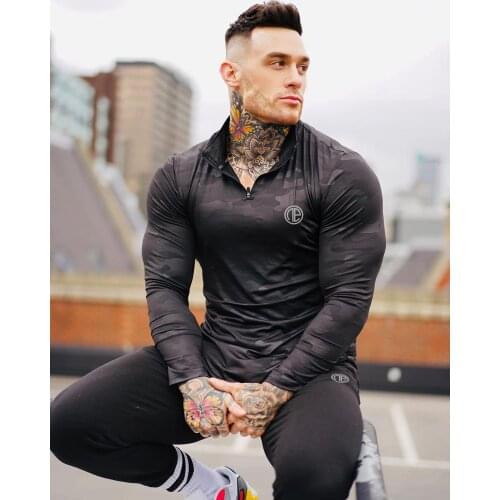 New Fashion Fitness Long Sleeve T Shirt Men autumn winter Slim Fit T-Shirt Man zipper-neck Tee Shirt Gym Bodybuilding Camouflage