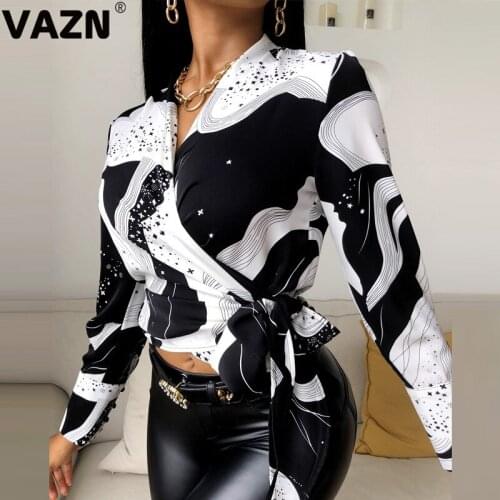 VAZN 2020 New Arrival Sexy Sweet Black White Patchwork Daily High Waist Deep V-Neck Full Sleeve Chiffon Joker Short Slim Shirts