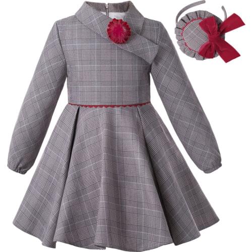 Pettigirl Wholesale Girl Winter Dress Grey Grid Asymmetrical Collar Girl Dress With Handmade Flower Vintage Kids Clothes