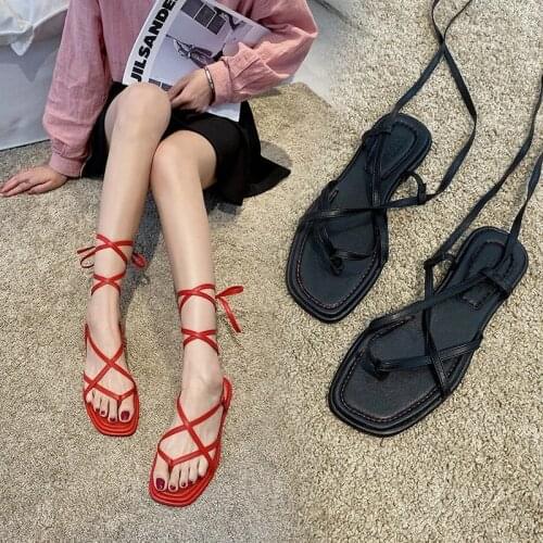Sexy Red Black Gladiator Strappy Sandals Women Summer Lace Up Beach Flip Flops 2021 Fashion Ankle Cross Strap Flat Roman Shoes