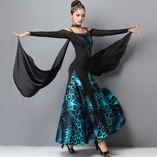 New Modern Dance Competition Dress For Women Adult Elegant Mesh Rhinestone Long Sleeve Clothes Waltz Dance Costumes DQL4572