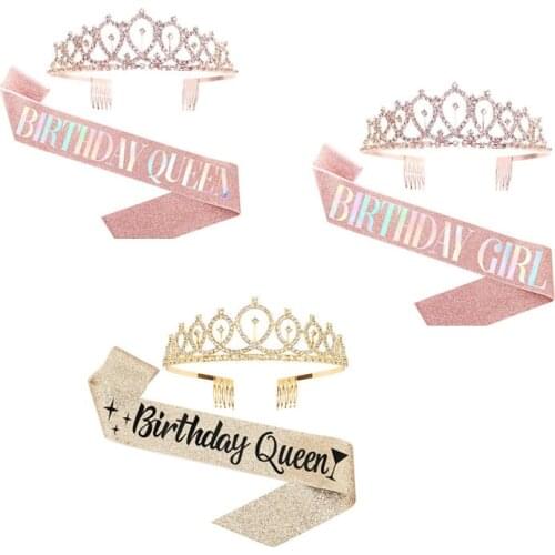 Happy Birthday Girl Queen Sash Crystal Crown Headband 18 30 40 50 60 Birthday Party Decoration Adult Anniversary Party Supplies