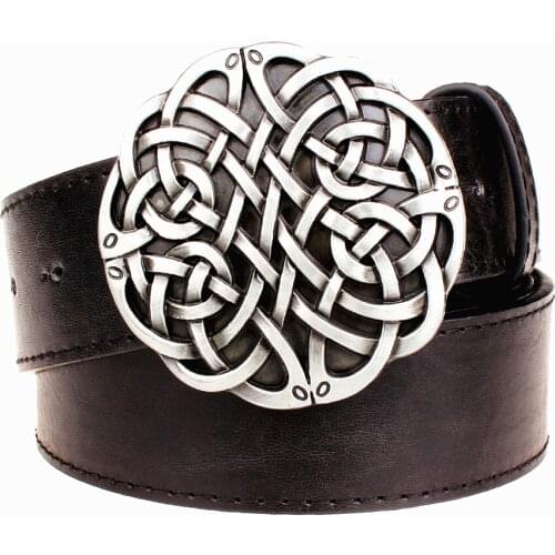 Fashion leather belt Celtic knot series metal buckle geometric weave pattern men simple casual belts trend women jeans belt