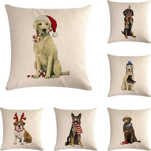 Christmas Dog Cotton Linen Cushion Cover Lovely Puppy Festival Theme Throw Pillow Case Sofa Bed Home Decor Fashion Pillow cover