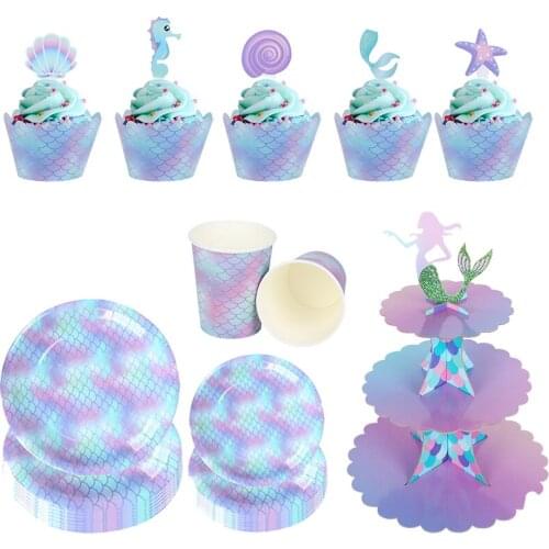 Mermaid Party Supplies Party Paper Plate Gradient Color Disposable Tableware Set Little Mermaid Party Set Baby Shower Decoration