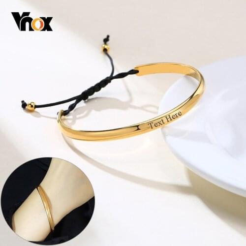 Vnox Sports Black Rope Chain Bracelets for Women Jewelry Personalize Custom Gold Color Stainless Steel Cuff Bangles Quote Gifts