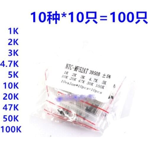 10*10=100PCS MF52AT MF52 B 3950 Thermistor Thermal Resistor 5% 1K 2K 3K 4.7K 5K 10K 20K 47K 50K 100K