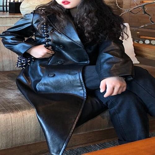 New arrival autumn fashion long pu leather trench coat women handsome double breasted slim waist windbreak